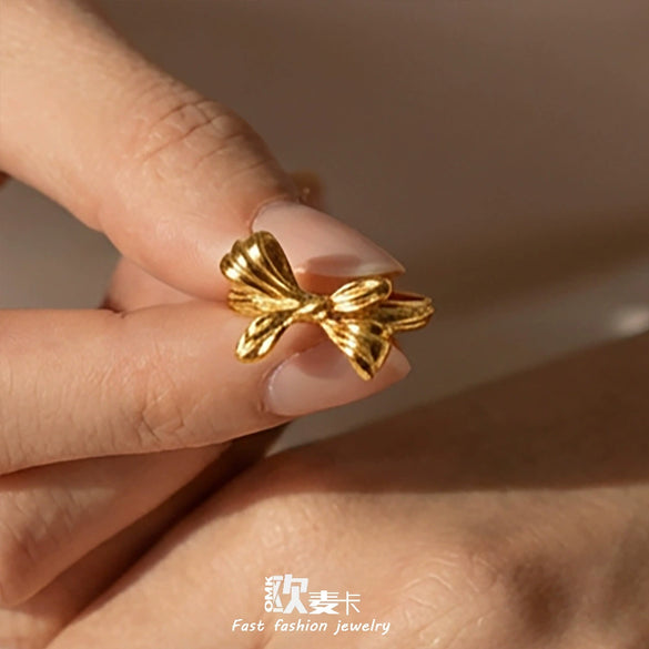 Wholesale 18K Gold Plated Stainless Steel Geometric Bowknot Open Ring For Women Light Luxury Fashion Design Accessories