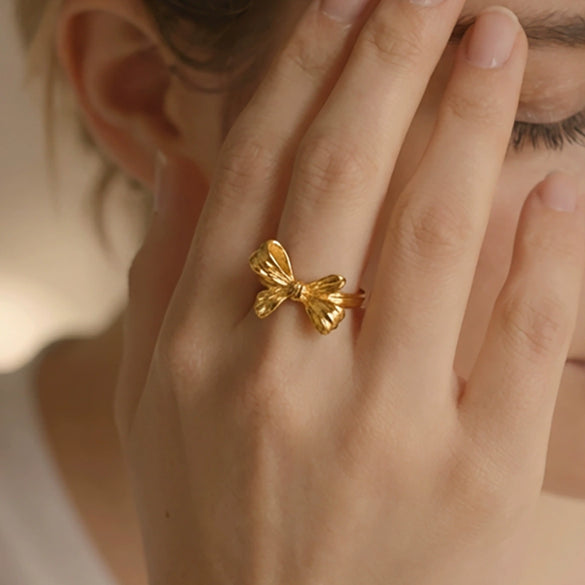 Wholesale 18K Gold Plated Stainless Steel Geometric Bowknot Open Ring For Women Light Luxury Fashion Design Accessories