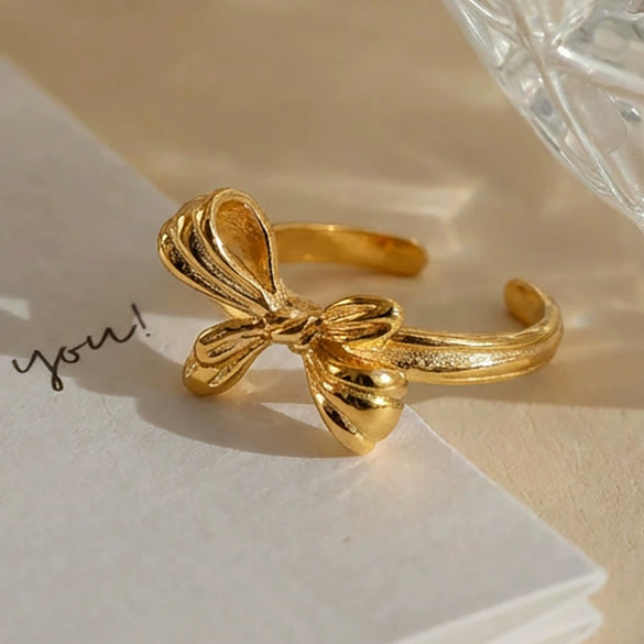 Wholesale 18K Gold Plated Stainless Steel Geometric Bowknot Open Ring For Women Light Luxury Fashion Design Accessories
