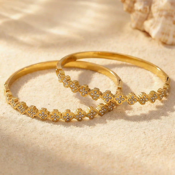 Wholesale 18K Gold Plated Stainless Steel Geometric Pattern Fine Ring Clasp Bracelet Set With 5A Zircon Full Diamond Accessories