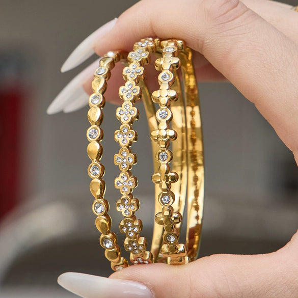 Wholesale 18K Gold Plated Stainless Steel Geometric Pattern Fine Ring Clasp Bracelet Set With 5A Zircon Full Diamond Accessories