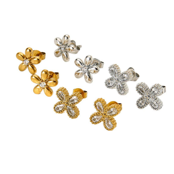 Wholesale 18K Gold Plated Stainless Steel Geometric Zircon Flower Earrings For Women