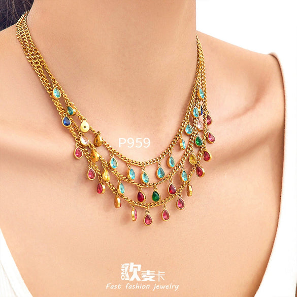 Wholesale 18K Gold Plated Stainless Steel Geometric Zircon Necklace For Women Light Luxury Style