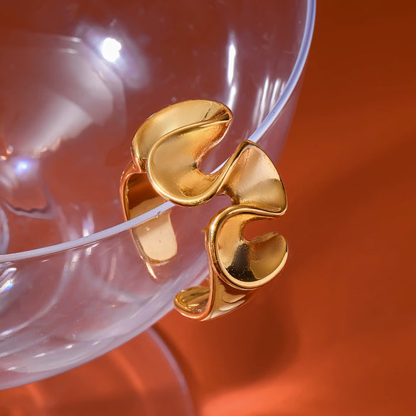 Wholesale 18K Gold Plated Stainless Steel Wave Lotus Leaf Open Irregular Ring Women's Jewelry