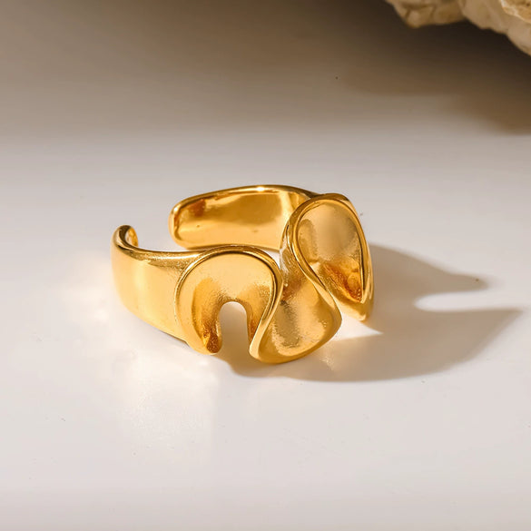 Wholesale 18K Gold Plated Stainless Steel Wave Lotus Leaf Open Irregular Ring Women's Jewelry