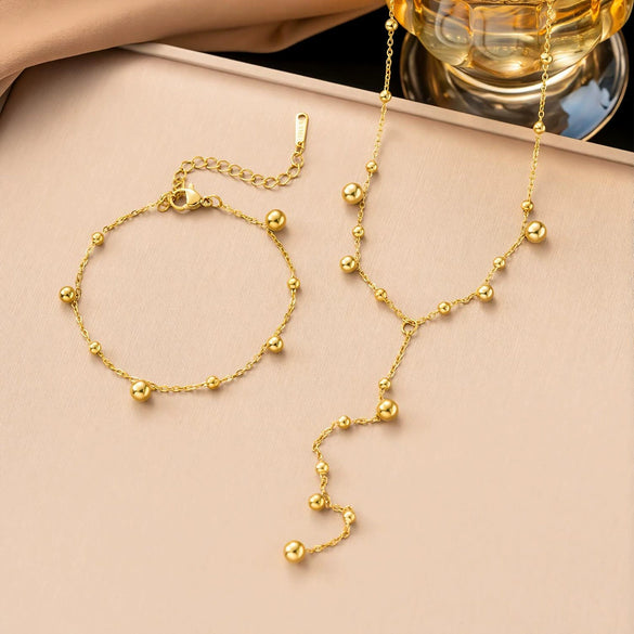 Wholesale 18K Gold Plated Titanium Steel Geometric Bead Chain Tassel Necklace For Women