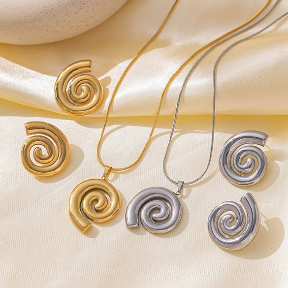 Wholesale 18K Gold Plated Titanium Steel Rotating Spiral Pattern Pendant Necklace And Earrings Set For Women