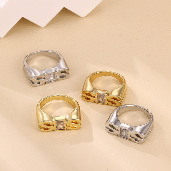 Wholesale 18K Goldplated Copper Zircon Threedimensional Stamp Sos Letter Ring Light Luxury Elegant Nonfading Unisex Jewelry