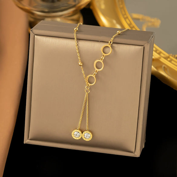 Wholesale 18K Goldplated Long Tassel Bead Chain Necklace With Geometric And Insect Pattern Titanium Steel Round Bead Tassel Pendant For Women
