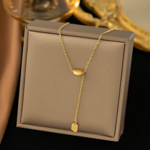 Wholesale 18K Goldplated Long Tassel Bead Chain Necklace With Geometric And Insect Pattern Titanium Steel Round Bead Tassel Pendant For Women