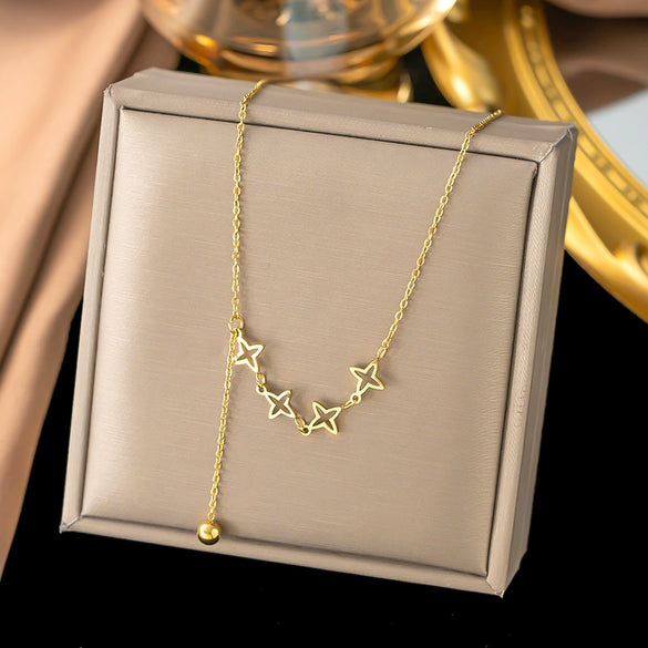 Wholesale 18K Goldplated Long Tassel Bead Chain Necklace With Geometric And Insect Pattern Titanium Steel Round Bead Tassel Pendant For Women