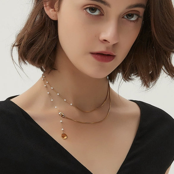 Wholesale 18K Goldplated Long Tassel Bead Chain Necklace With Geometric And Insect Pattern Titanium Steel Round Bead Tassel Pendant For Women