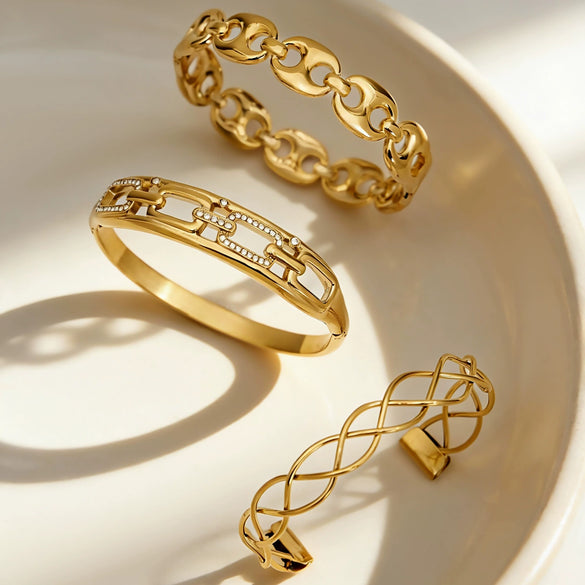 Wholesale 18K Goldplated Stainless Steel Geometric Cut Out Buckle Cross Opening Bracelet