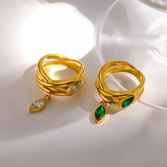 Wholesale 18K Goldplated Stainless Steel Geometric Rings With Marquise Zircon Pendants Women's Jewelry Accessories