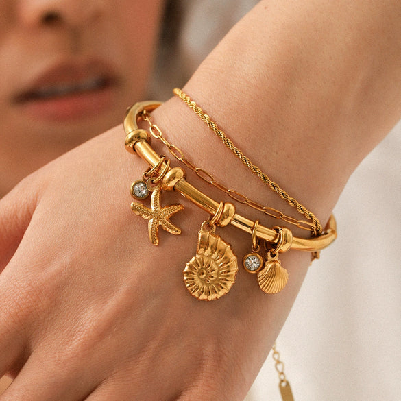 Wholesale 18K Goldplated Stainless Steel Starfish Conch Scallop Cross Electroplated Ocean Breeze Minimalist Ins Style Ring Bracelet Jewelry Accessories