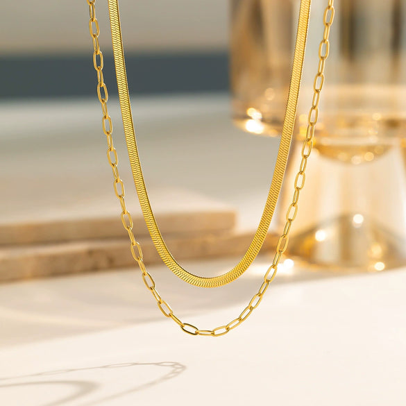 Wholesale 18K Goldplated Titanium Steel Double Layer Overlapping Geometric Snake Chain Clavicle Necklace For Women