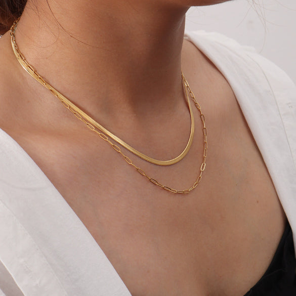Wholesale 18K Goldplated Titanium Steel Double Layer Overlapping Geometric Snake Chain Clavicle Necklace For Women