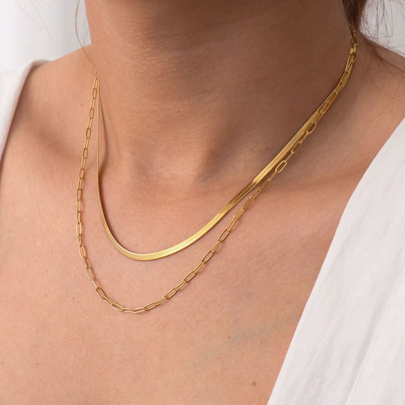 Wholesale 18K Goldplated Titanium Steel Double Layer Overlapping Geometric Snake Chain Clavicle Necklace For Women