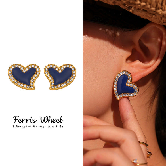 Wholesale 18K Real Gold Plated Enamel Stainless Steel Geometric Ferris Wheel And Peach Heart Split Earrings For Women