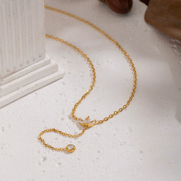 Wholesale 18K Real Gold Plated Stainless Steel Zircon Floral Yshaped O Word Chain Necklace For Girls