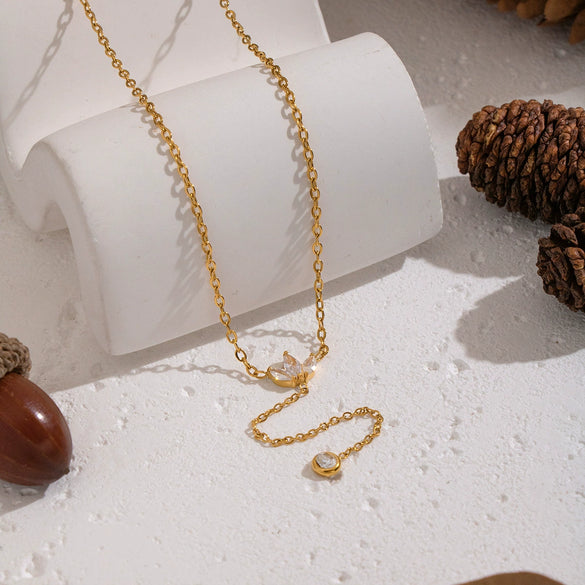 Wholesale 18K Real Gold Plated Stainless Steel Zircon Floral Yshaped O Word Chain Necklace For Girls