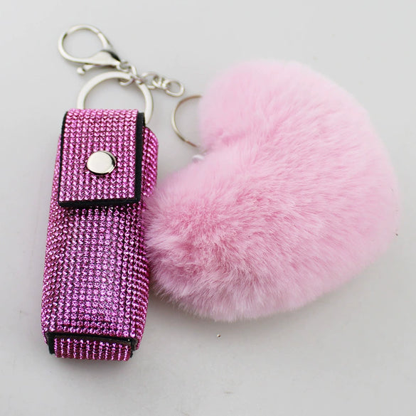 Wholesale Keychain Lipstick Case Hair Ball Pendant Artificial Leather Heart Shape Hot Drill Minimalist Style