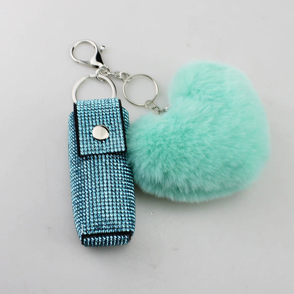 Wholesale Keychain Lipstick Case Hair Ball Pendant Artificial Leather Heart Shape Hot Drill Minimalist Style