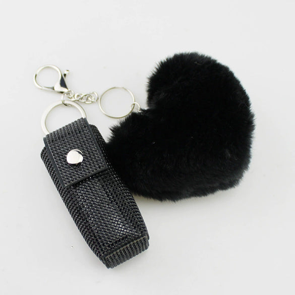 Wholesale Keychain Lipstick Case Hair Ball Pendant Artificial Leather Heart Shape Hot Drill Minimalist Style
