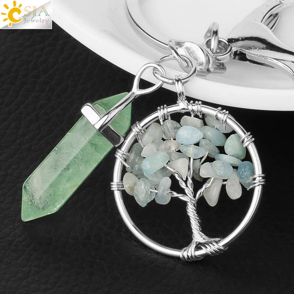 Wholesale Keychain Natural Crystal Green Fluorite Semiprecious Stone Tree Key Accessories