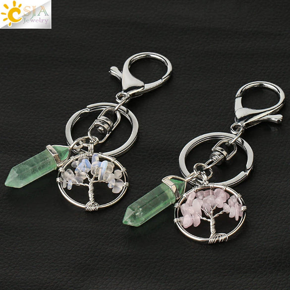 Wholesale Keychain Natural Crystal Green Fluorite Semiprecious Stone Tree Key Accessories