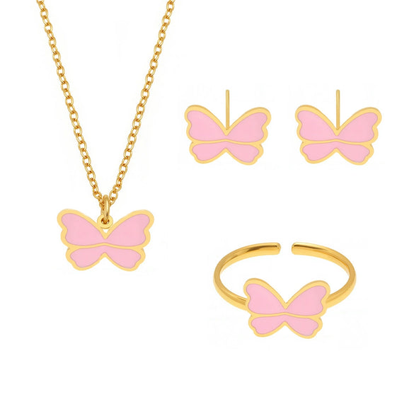 Wholesale Kids' Jewelry Set Ferris Wheel Cute Pink Butterfly Design Titanium Steel Stainless Steel Enamel Glaze Electroplated
