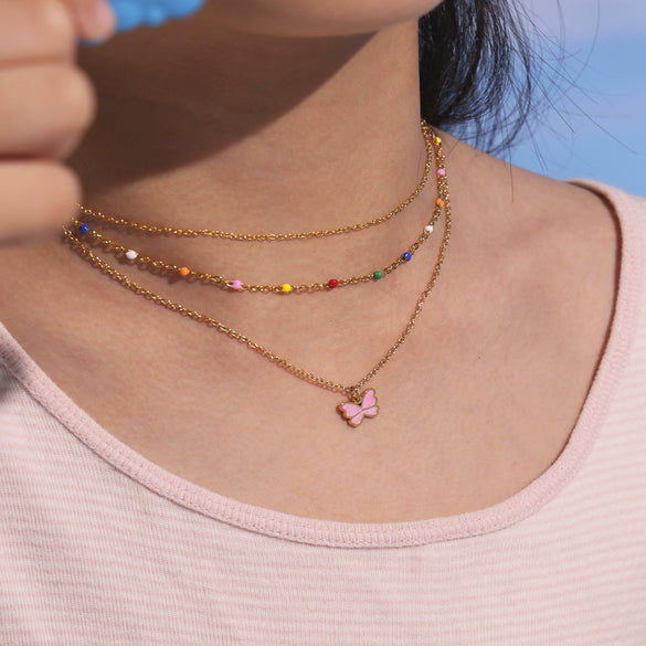 Wholesale Kids' Jewelry Set Ferris Wheel Cute Pink Butterfly Design Titanium Steel Stainless Steel Enamel Glaze Electroplated