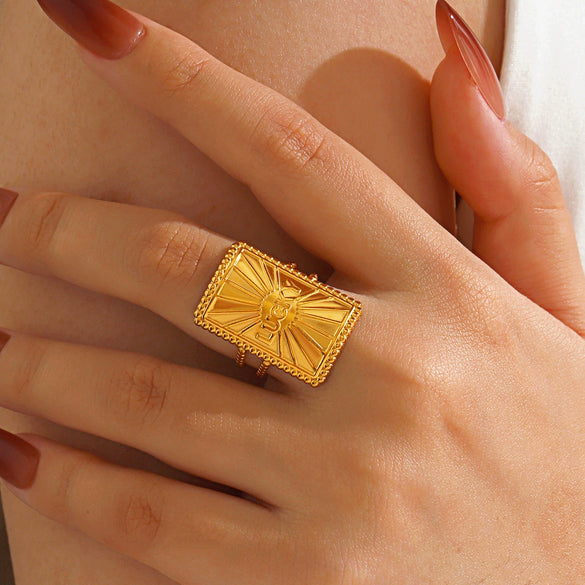 Wholesale Ladies' Adjustable Opening Ring With Letter Number Text Pattern In Rectangular Geometric Stainless Steel Electroplated Design