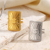 Wholesale Ladies' Adjustable Opening Ring With Letter Number Text Pattern In Rectangular Geometric Stainless Steel Electroplated Design