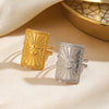 Wholesale Ladies' Adjustable Opening Ring With Letter Number Text Pattern In Rectangular Geometric Stainless Steel Electroplated Design
