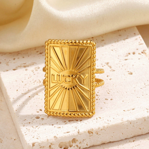 Wholesale Ladies' Adjustable Opening Ring With Letter Number Text Pattern In Rectangular Geometric Stainless Steel Electroplated Design