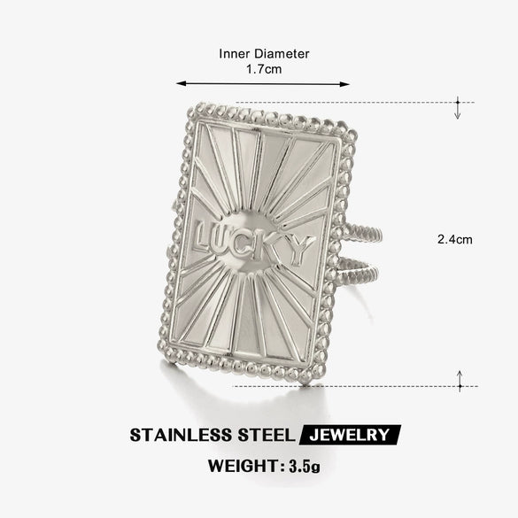 Wholesale Ladies' Adjustable Opening Ring With Letter Number Text Pattern In Rectangular Geometric Stainless Steel Electroplated Design