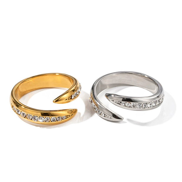 Wholesale Ladies' Advanced Design Opening Ring With 18K Gold Inlaid White Diamond Stainless Steel Geometric Pattern Electroplating Treatment