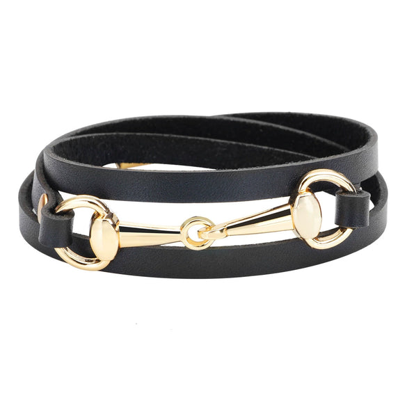 Wholesale Ladies Alloy And Genuine Leather Bracelet With Three Circle Winding And Leaves Pattern Electroplated Fashion Style