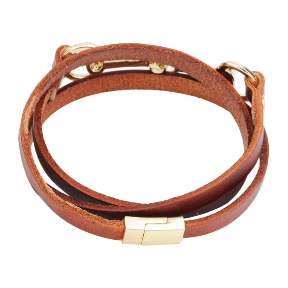 Wholesale Ladies Alloy And Genuine Leather Bracelet With Three Circle Winding And Leaves Pattern Electroplated Fashion Style