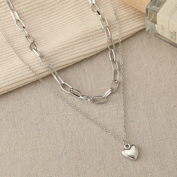 Wholesale Ladies Alloy Jewelry Cold Retro Love Heart Double Necklace With Electroplating
