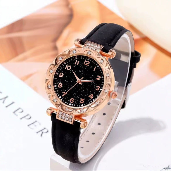 Wholesale Ladies Casual Quartz Watch With Luxury Rhinestone Plate Alloy Case Imitation Leather Strap And Stainless Steel Buckle Round Dial