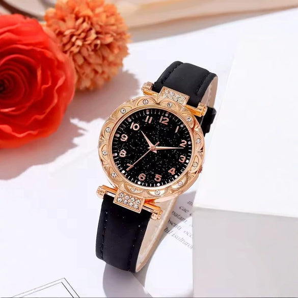 Wholesale Ladies Casual Quartz Watch With Luxury Rhinestone Plate Alloy Case Imitation Leather Strap And Stainless Steel Buckle Round Dial