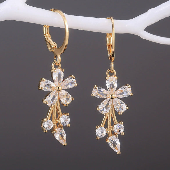 Wholesale Ladies Copper Inlaid Zircon Flower Earrings