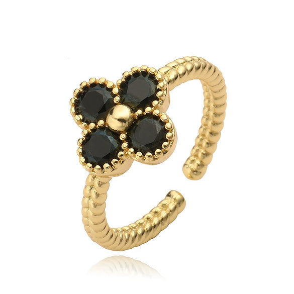 Wholesale Ladies Copper Inlaid Zirconia Four Leaf Clover Opening Ring Light Luxury Flower Style