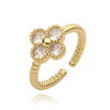 Wholesale Ladies Copper Inlaid Zirconia Four Leaf Clover Opening Ring Light Luxury Flower Style