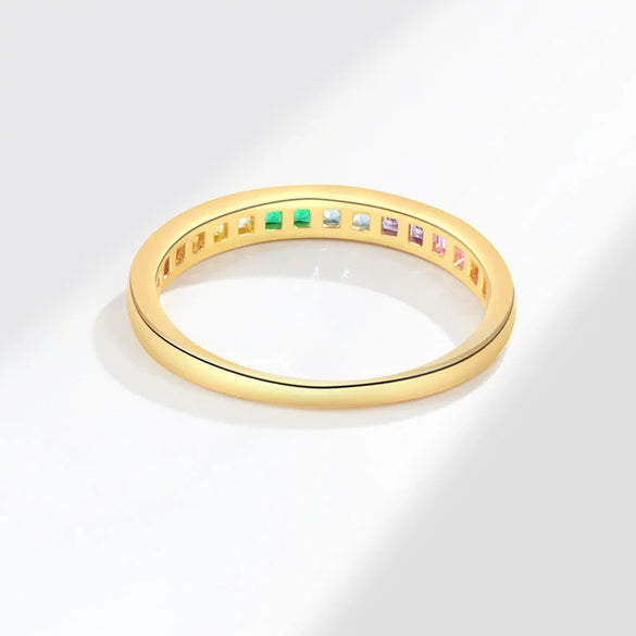 Wholesale Ladies Copper Square Geometric Rainbow Zircon Ring With Electroplating
