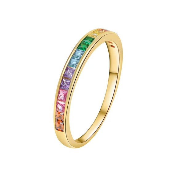 Wholesale Ladies Copper Square Geometric Rainbow Zircon Ring With Electroplating