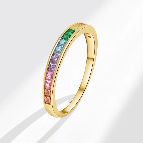 Wholesale Ladies Copper Square Geometric Rainbow Zircon Ring With Electroplating