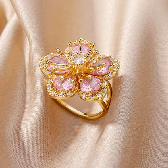 Wholesale Ladies Copper Zircon Inlaid Flower Leaf Fashion Ring With Electroplating